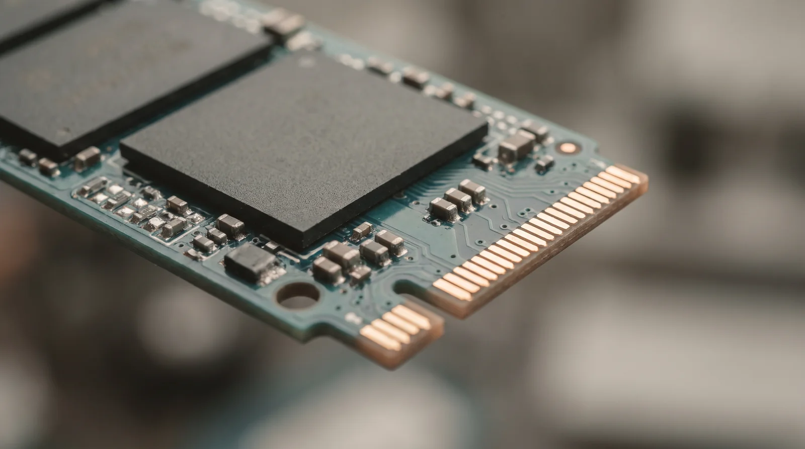 NVMe SSD M.2 기판의 극단적 클로즈업 — 청록색 PCB 위 검은 메모리 칩들과 기판 끝의 금색 접점 핀, 작은 표면실장 부품들이 얕은 심도로 담겼다