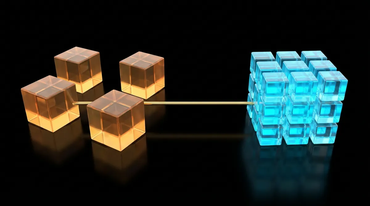 BF16에서 AWQ INT4로의 양자화 과정을 보여주는 추상적 시각화 — 큰 블록이 작고 밀집된 블록으로 변환