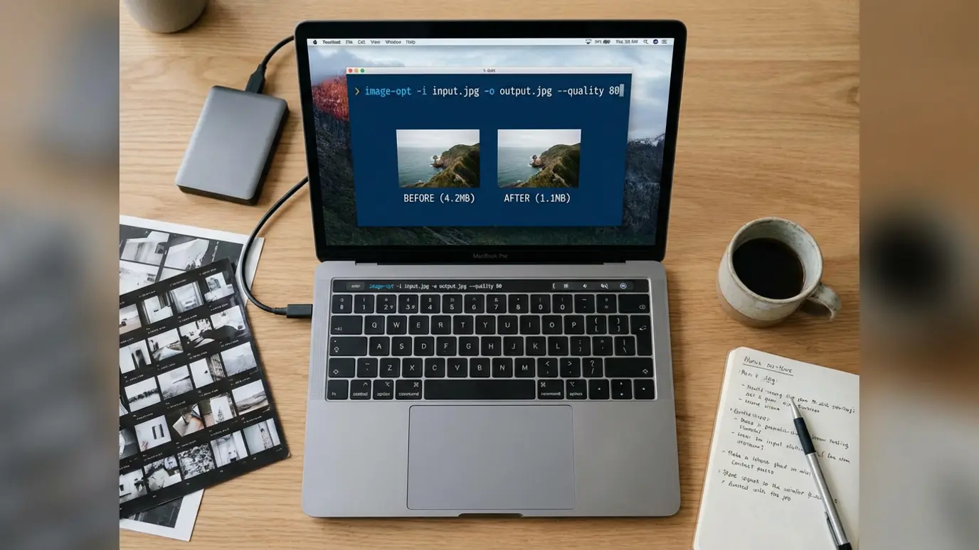 Sharp 라이브러리로 WebP 이미지 압축 작업 중인 개발자 데스크 — 36MB를 0.8MB로 줄인 이미지 최적화 환경