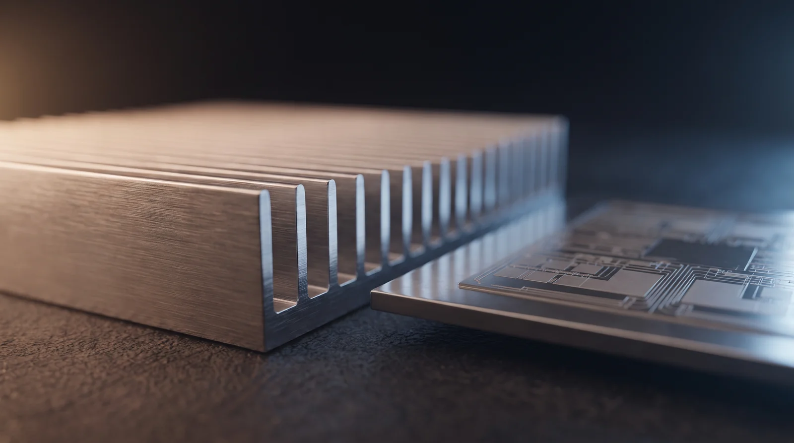 Close-up of a GPU heatsink's metal fin array beside a silicon chip whose die reveals its circuit pattern — brushed aluminum, dark background, a mix of warm and cool light
