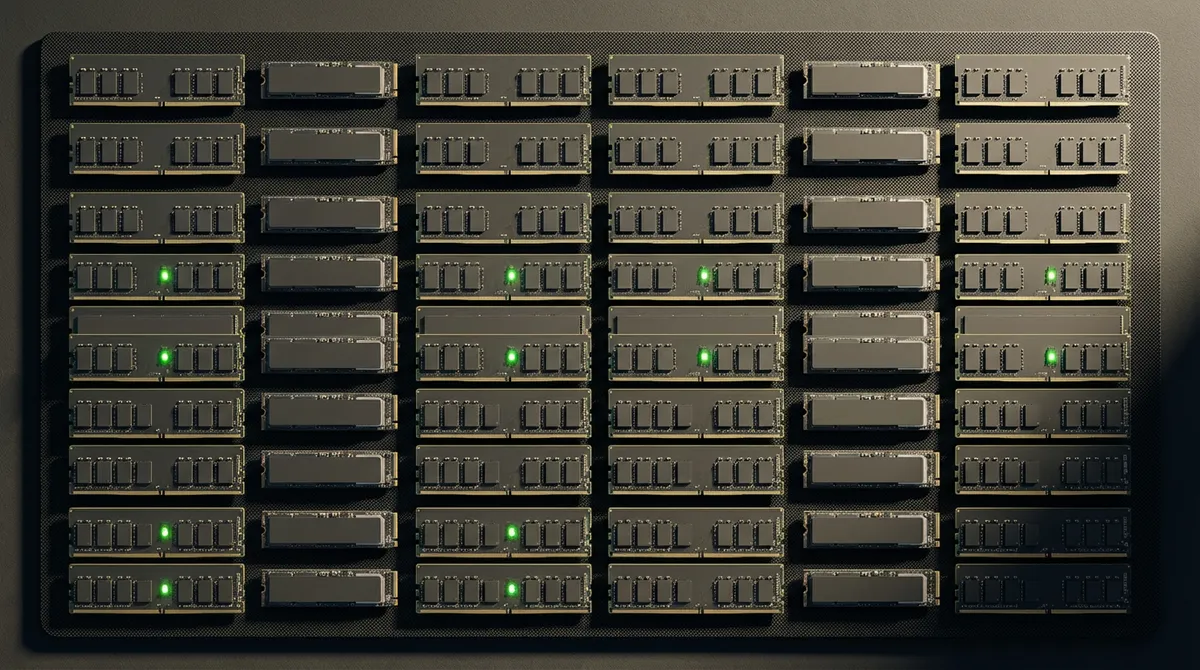 서버 메모리 모듈이 정렬된 모습 — GPU VRAM 관리와 모델 적재를 상징